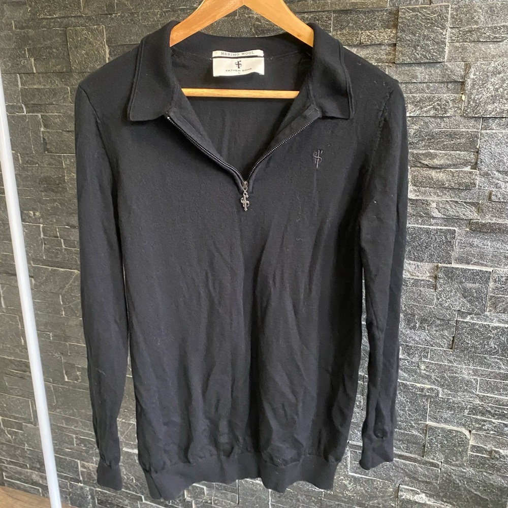 FATHER SONS CLASSIC BLACK MERINO WOOL KNITTED ZIP POLO LONG SLEEVE SWEATER